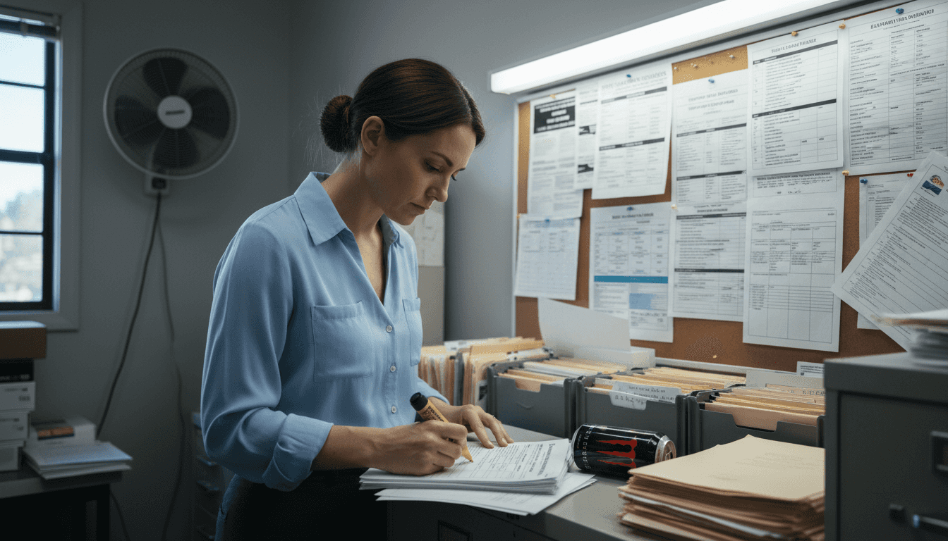 Dispensary staff reviews compliance checklist and notices