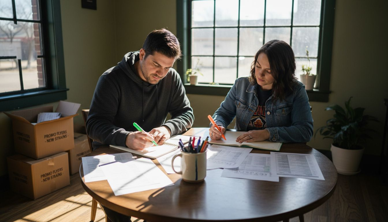 Cannabis marketing team reviewing content keywords