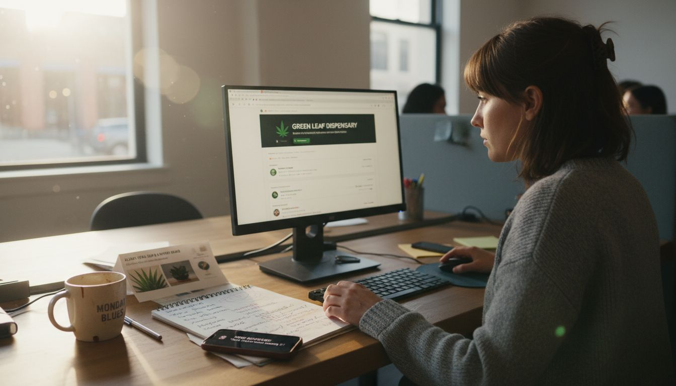 Staff managing dispensary SEO at shared desk