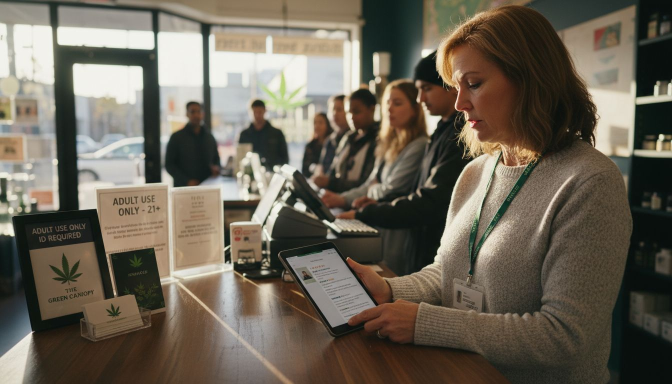 Manager checks reviews in busy dispensary