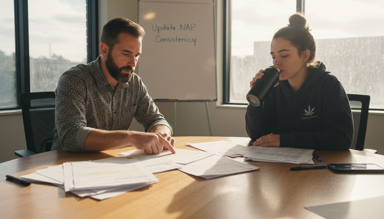 Team discussing local SEO strategy materials