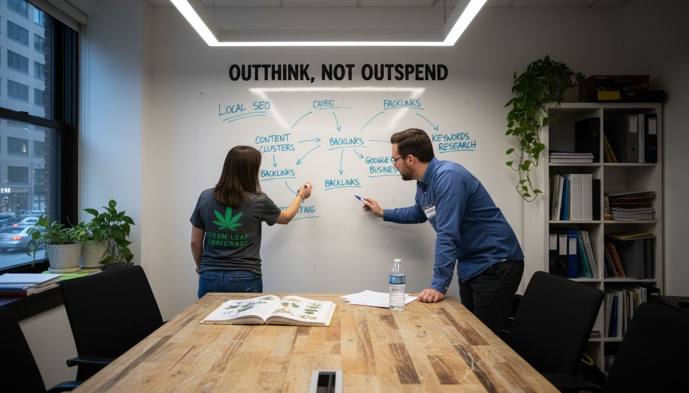 Team brainstorming cannabis SEO strategies with whiteboard