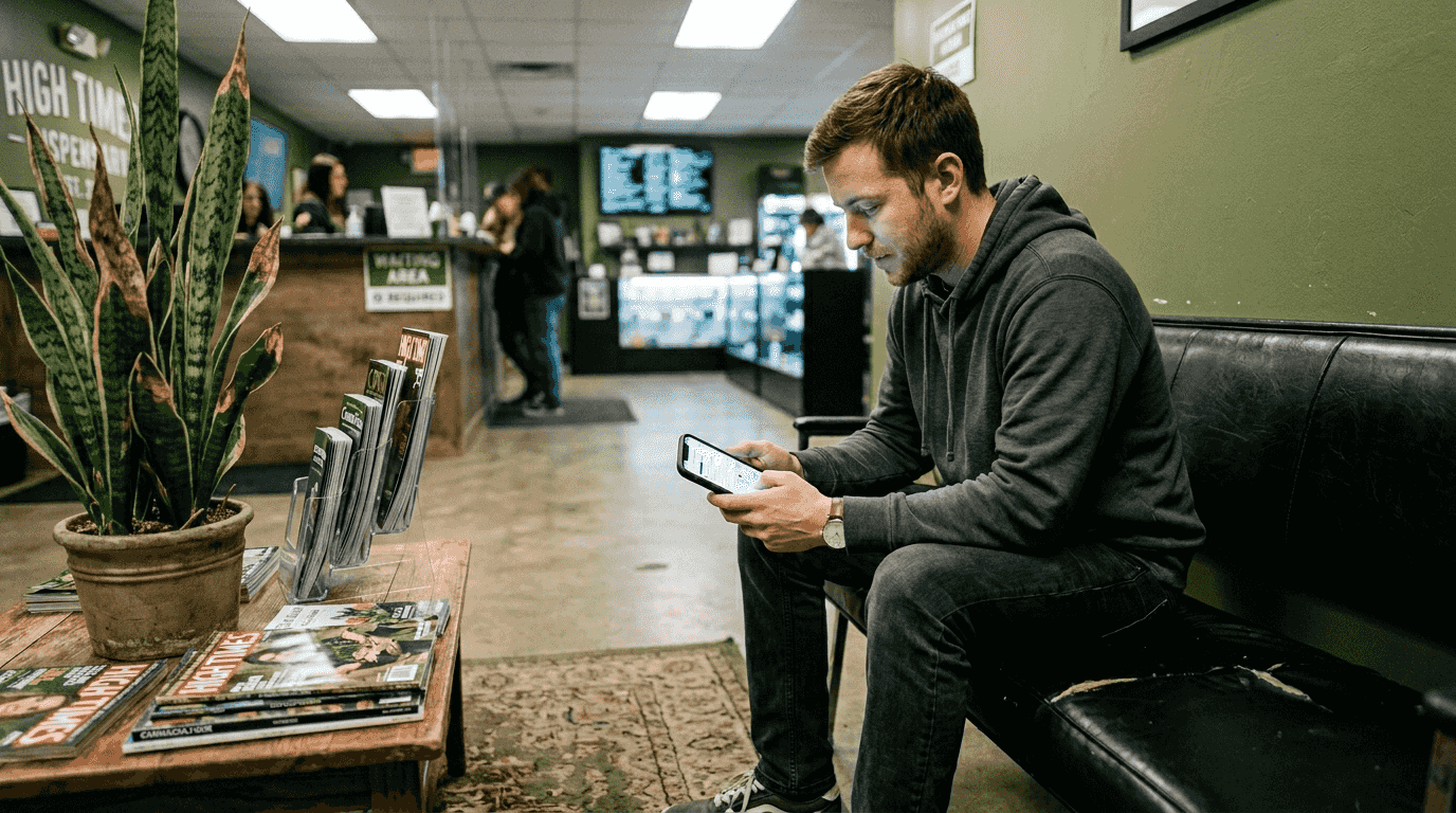 Customer reading cannabis dispensary reviews in lobby