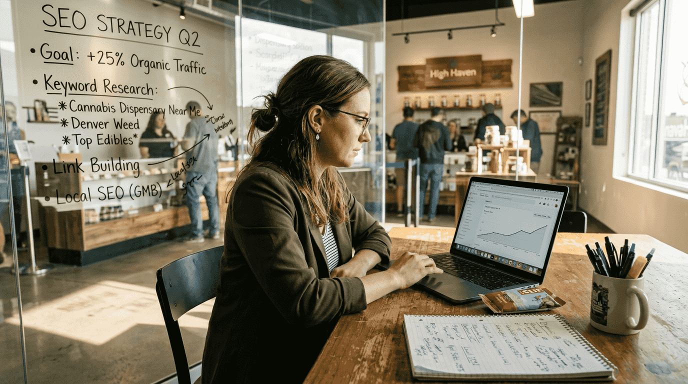 Specialist reviewing cannabis SEO data table