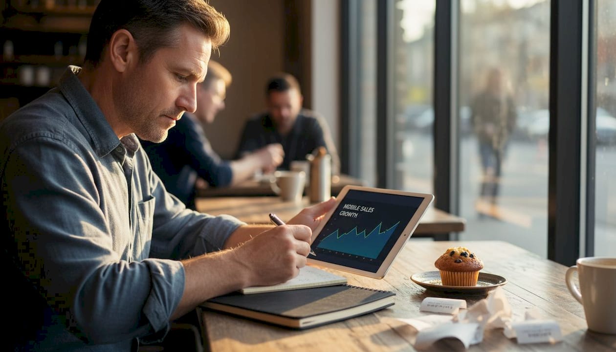 Business owner reviews mobile sales stats