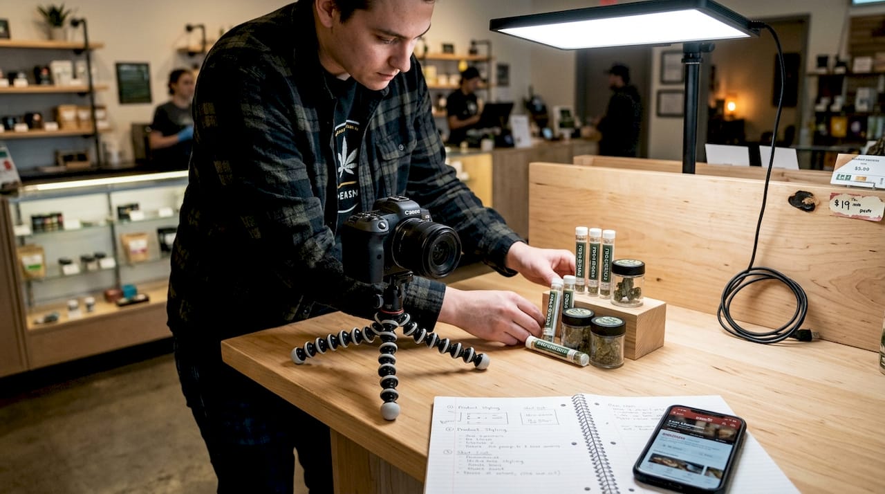 Staff taking product photos in dispensary workspace