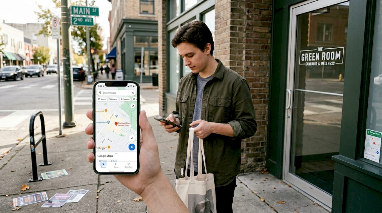 Person searches dispensary location on smartphone