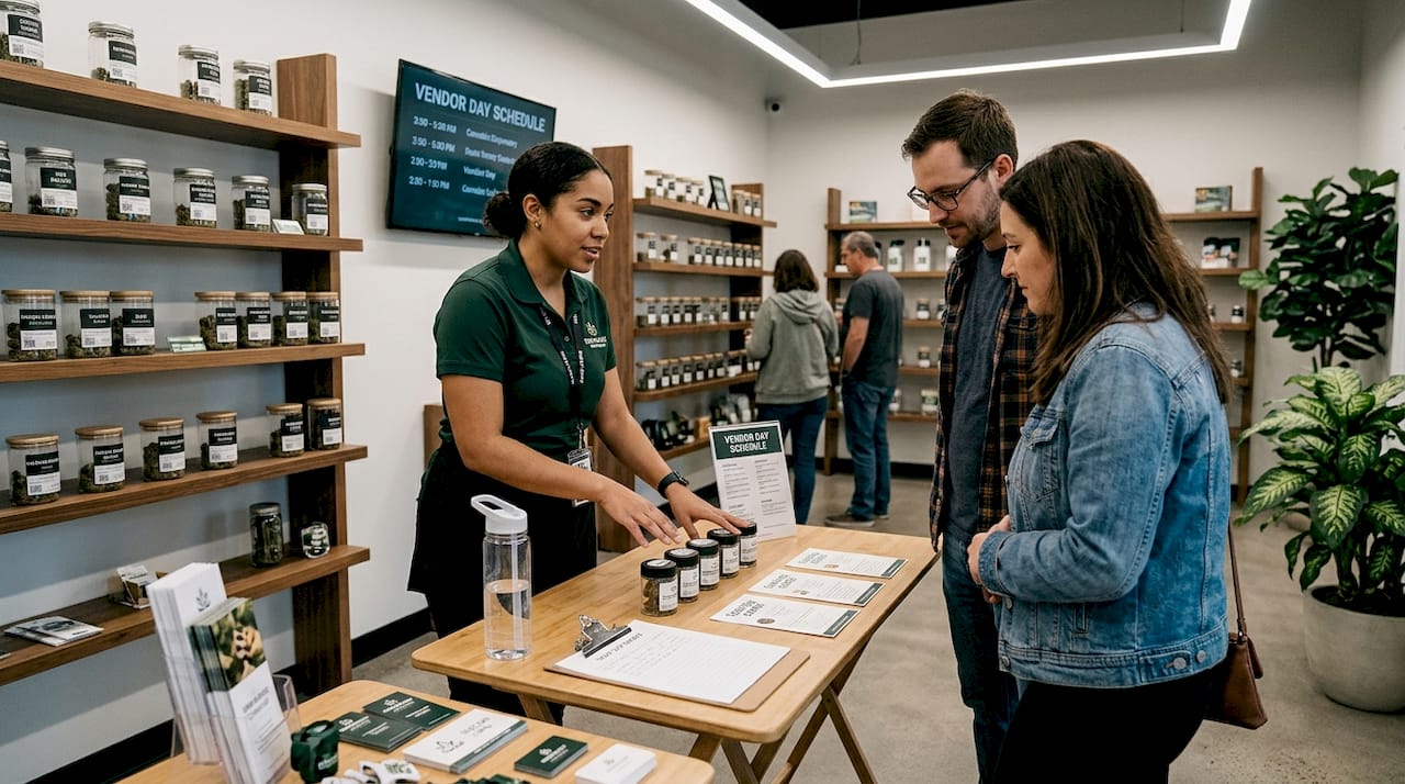 Dispensary event with staff assisting visitors