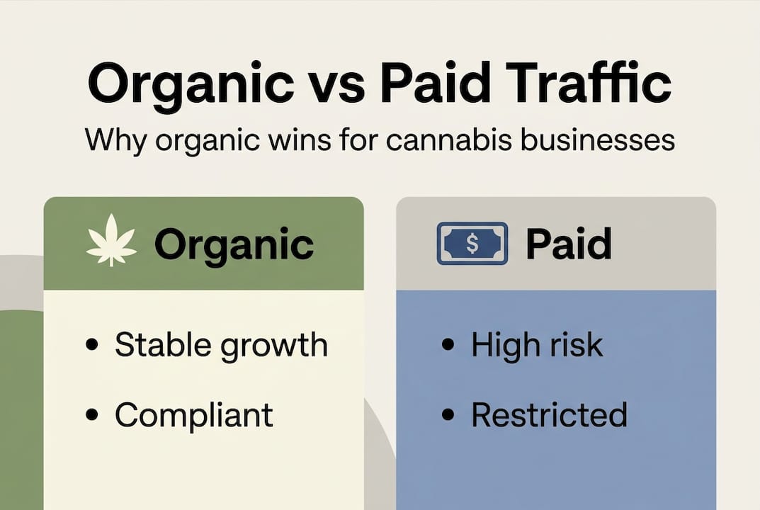 Infographic comparing organic and paid cannabis traffic