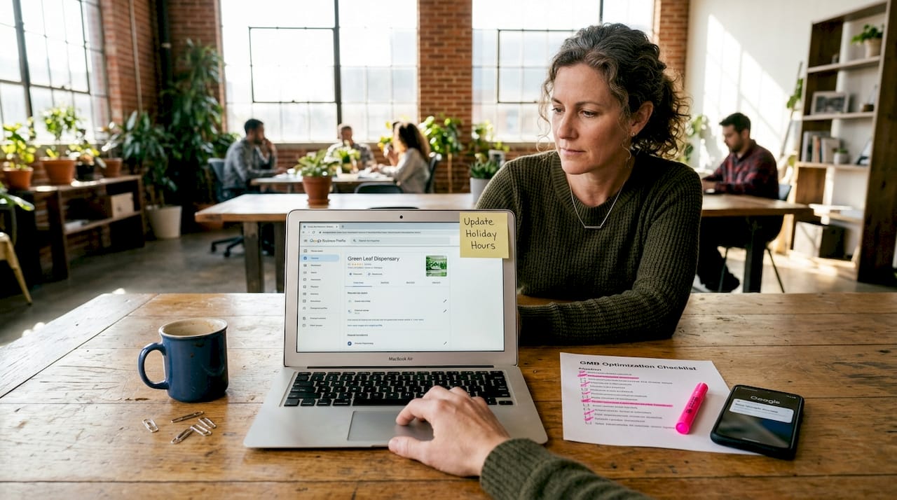 Owner updating Google Business Profile for dispensary