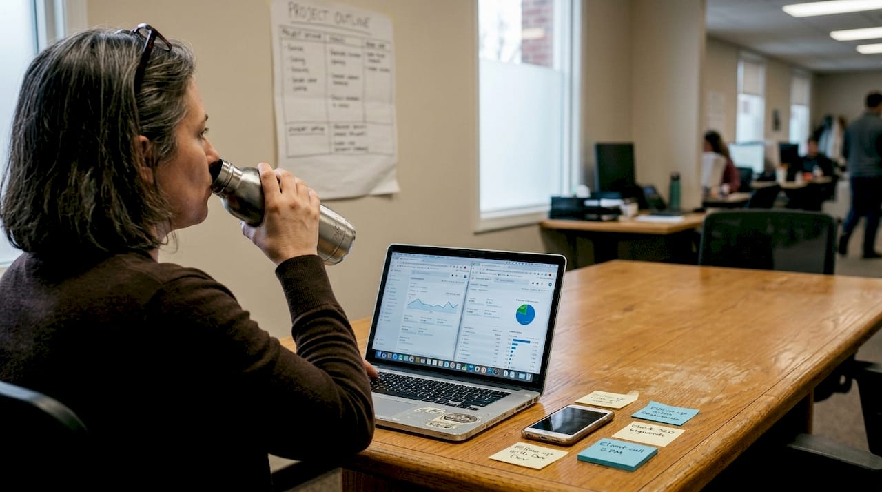 Marketer analyzing SEO results using laptop