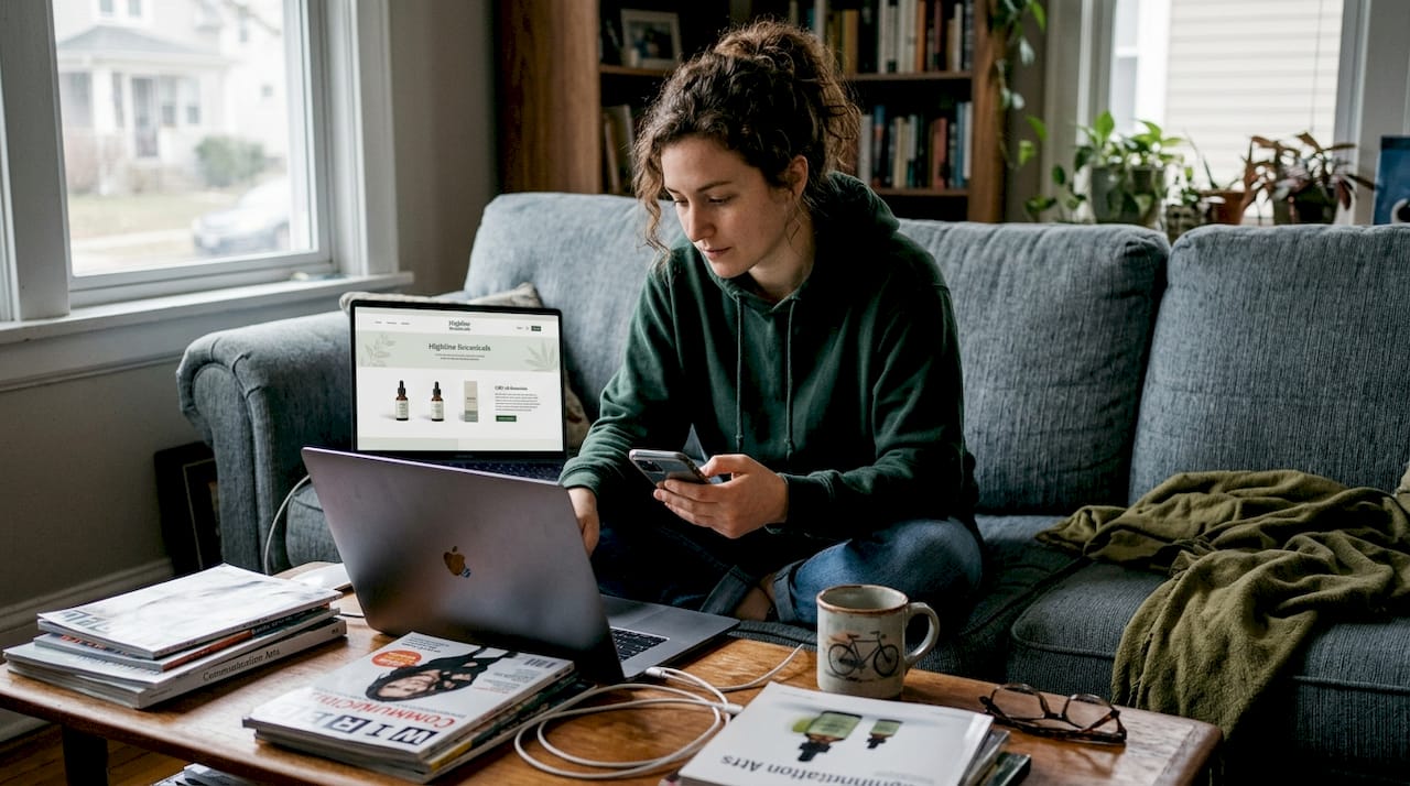 Developer tests mobile site on phone and laptop