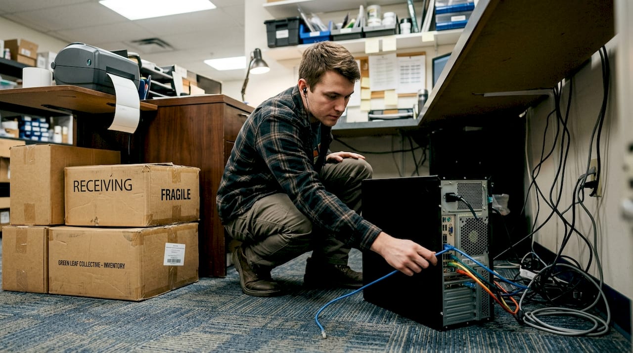 IT specialist connecting cables in back office