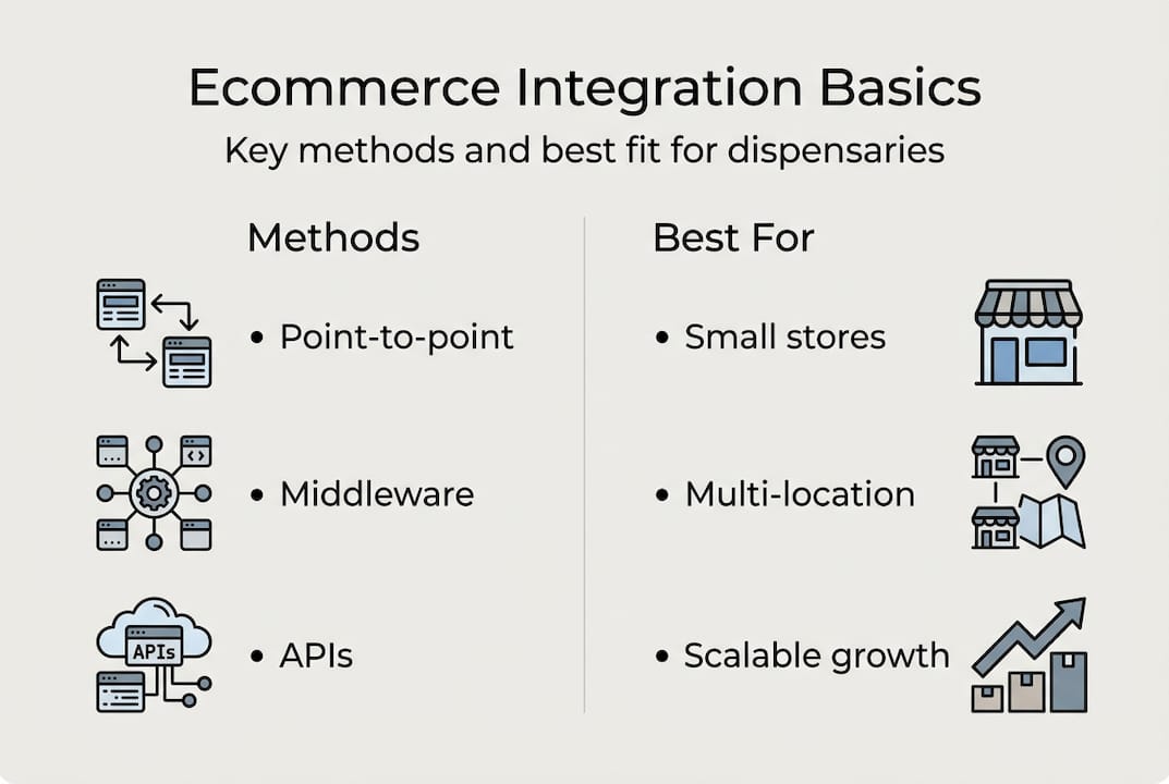 Infographic outlining ecommerce integration types and uses