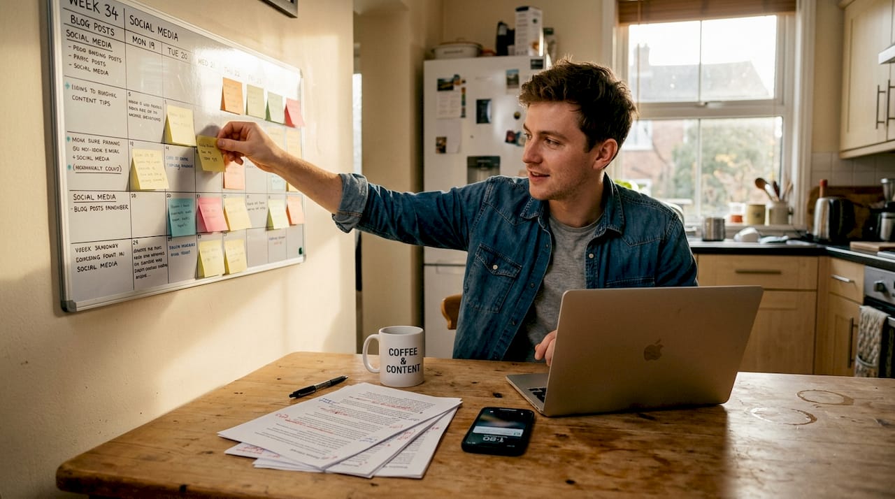 Man organizing sticky notes for content calendar