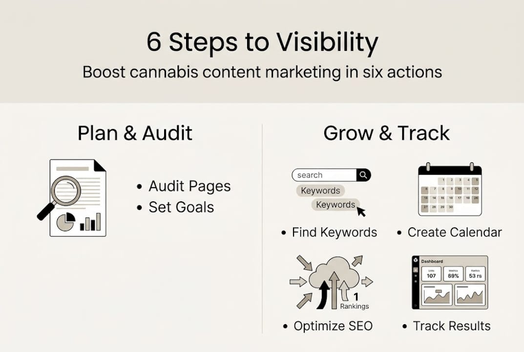 Infographic showing six key steps for cannabis content