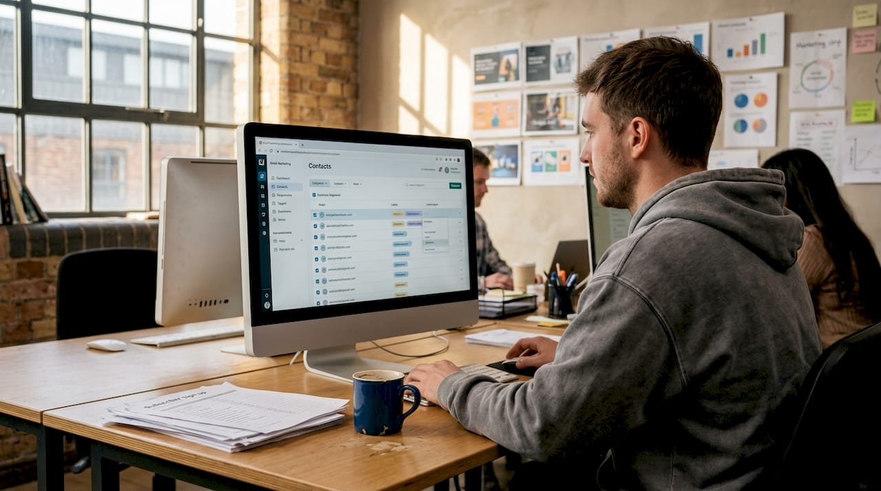 Specialist segmenting email audience at desk
