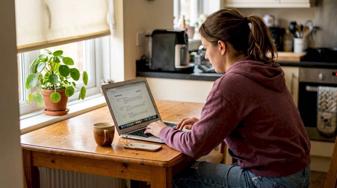 Person reading dispensary reviews on laptop