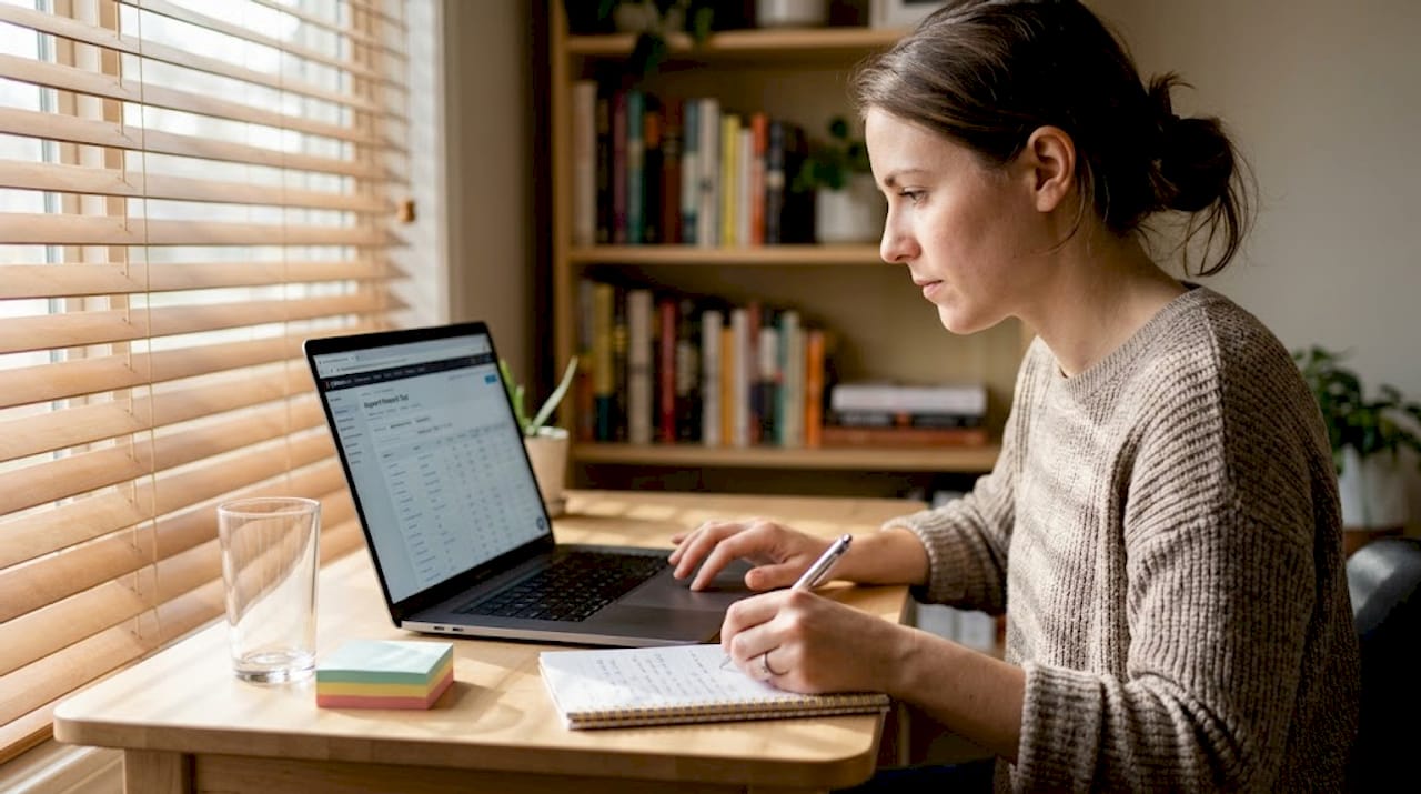 Woman doing SEO keyword research at home desk