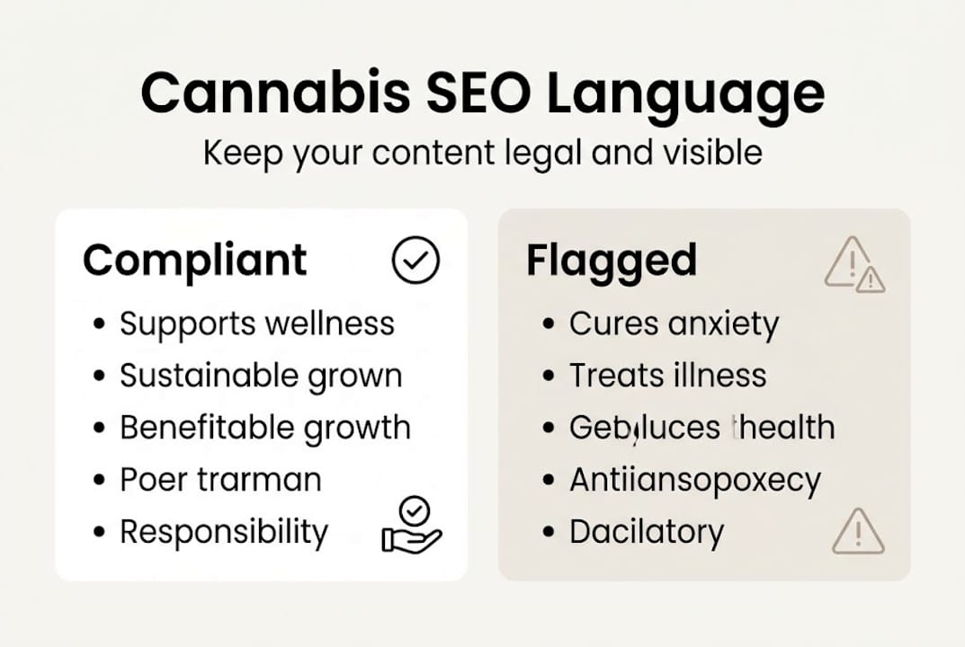 Infographic showing compliant and flagged cannabis language