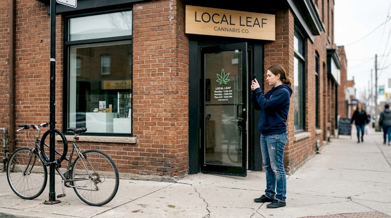 Staff member photographing dispensary storefront