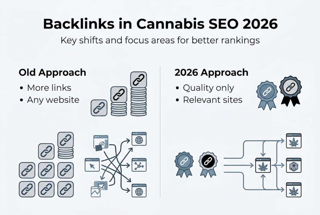Infographic comparing old and 2026 cannabis backlink strategies