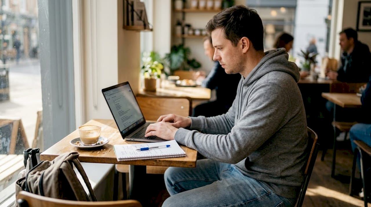 Man researching keywords in sunny café