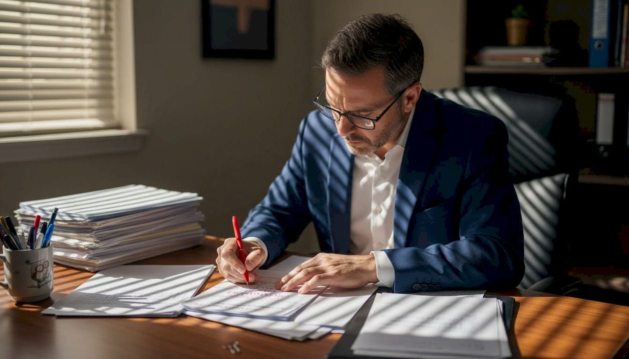 Officer editing compliance guide at desk