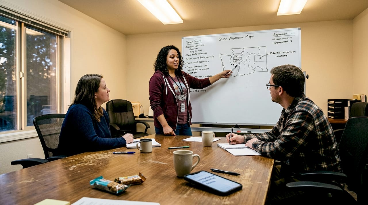 Dispensary staff discussing strategy with state map