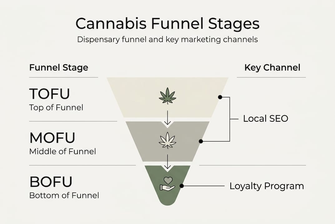 Infographic showing cannabis funnel stages and channels