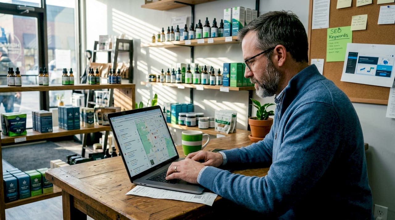 Retail owner updating SEO for hemp store