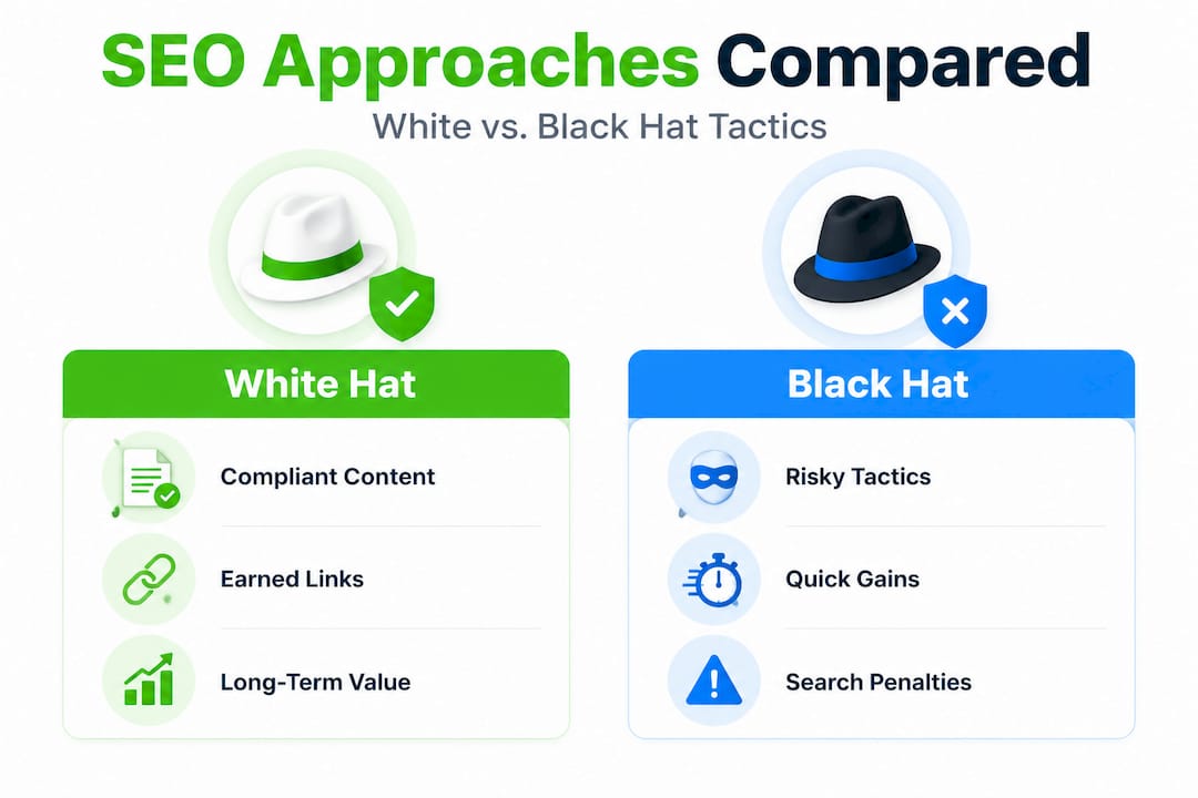 Infographic comparing white hat and black hat SEO