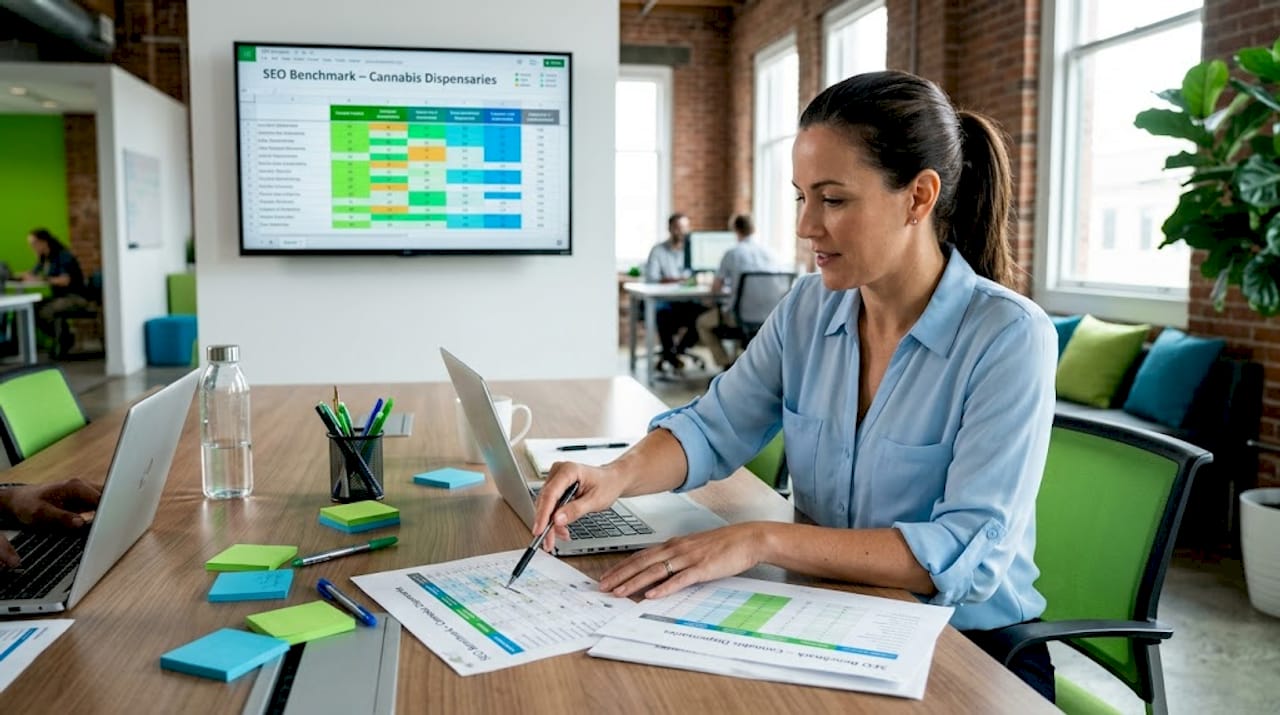 SEO analyst reviewing cannabis competitor table