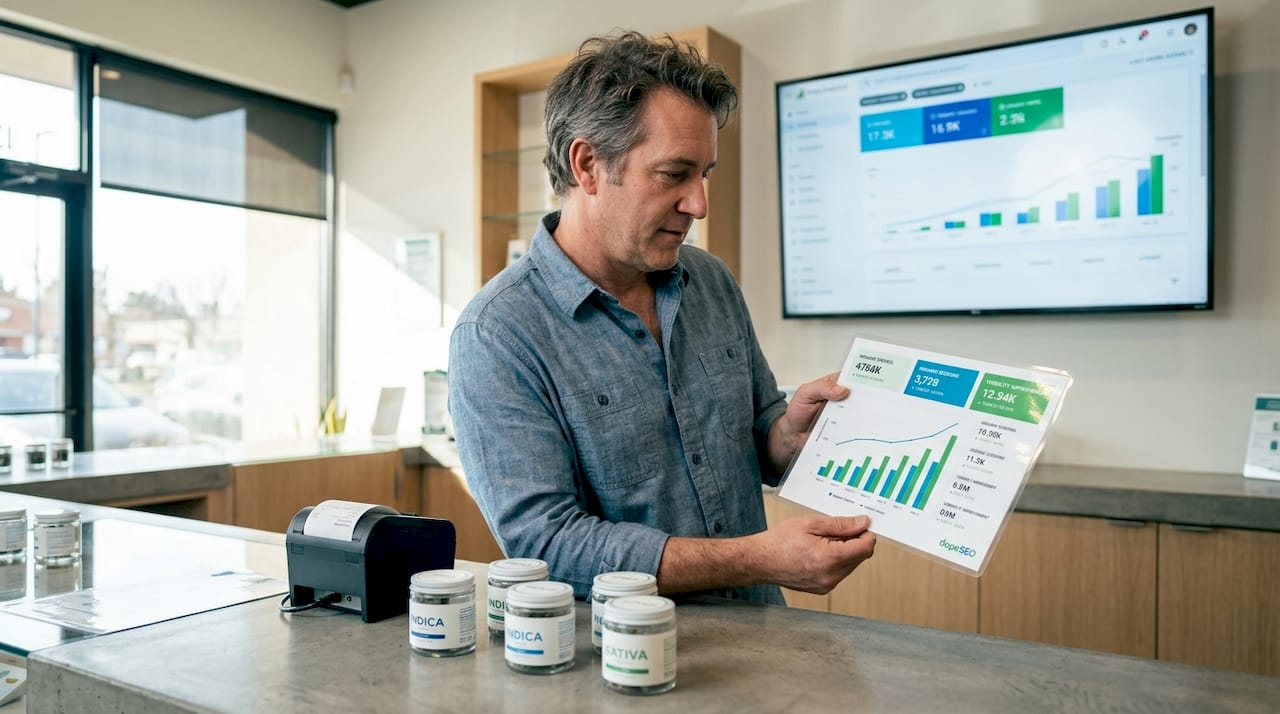 Dispensary owner reviewing SEO traffic charts