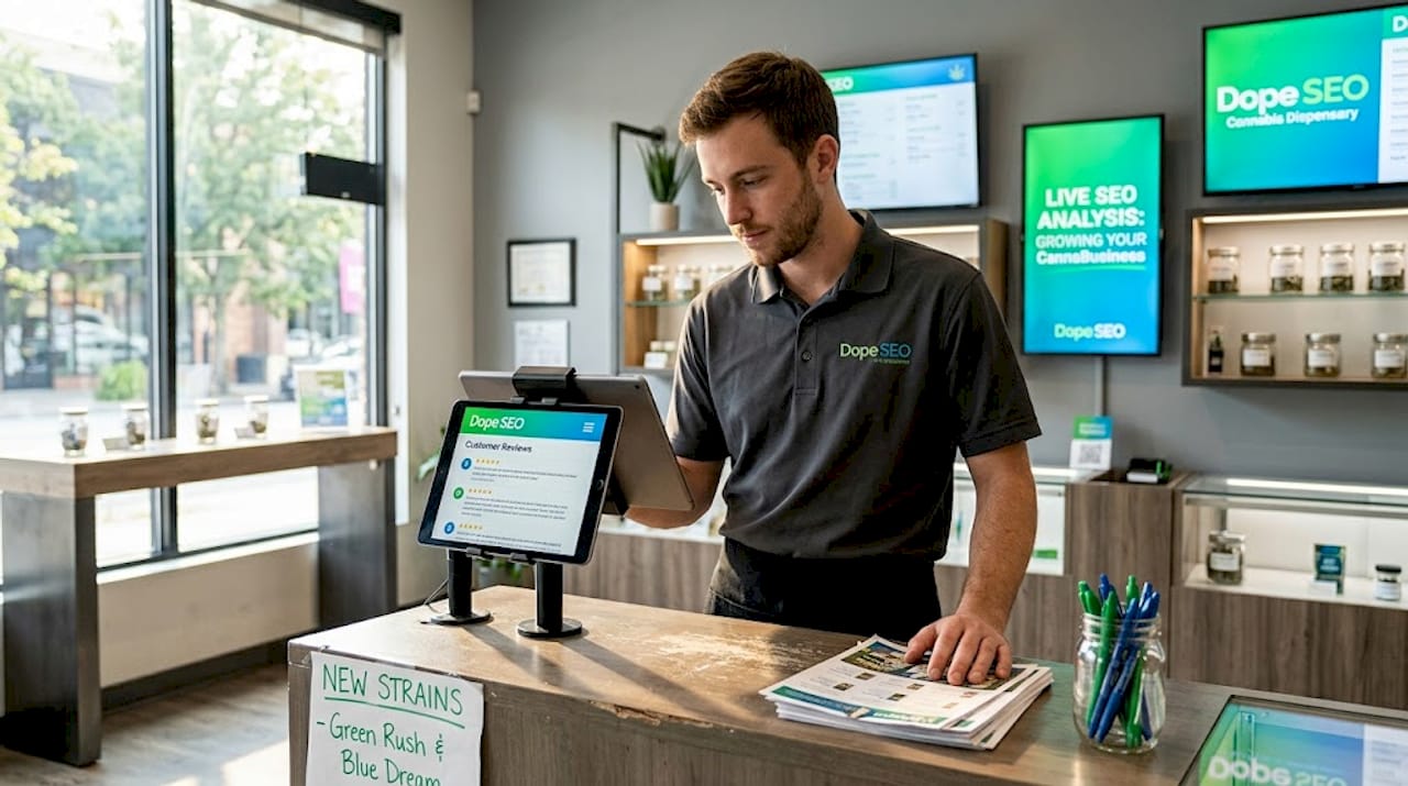 Dispensary staff reviewing feedback at sales counter