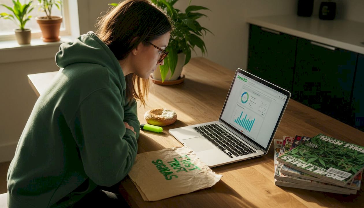 SEO analyst checking cannabis trust signals dashboard