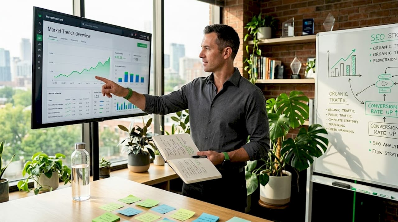 Businessman tracking cannabis brand analytics on screen
