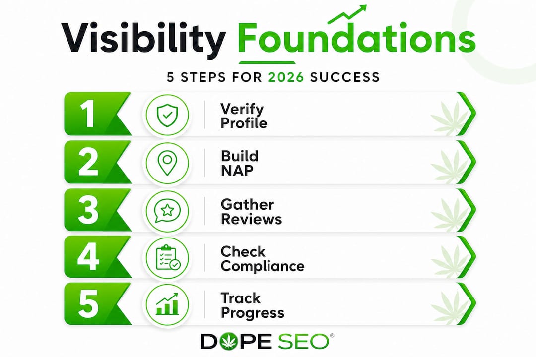 Infographic showing five steps to cannabis brand visibility