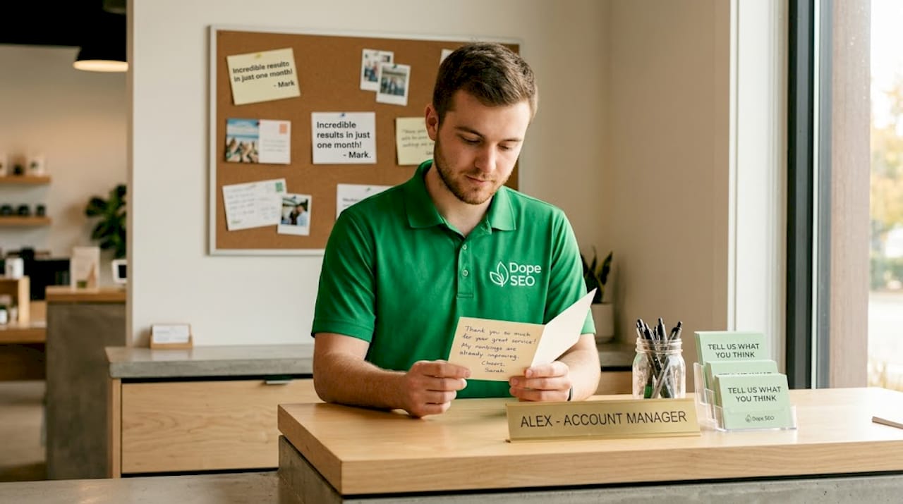 Staff reading customer feedback at dispensary counter