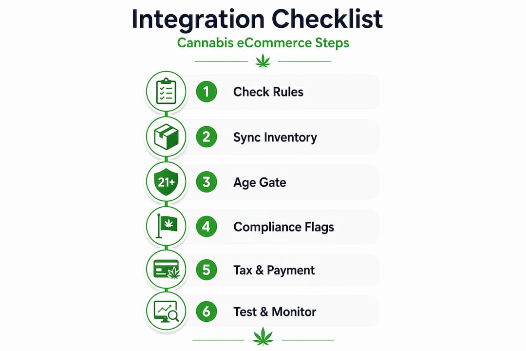 Infographic showing steps for compliant cannabis ecommerce integration