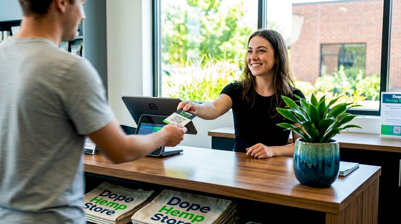 Staff handing hemp customer Google review card