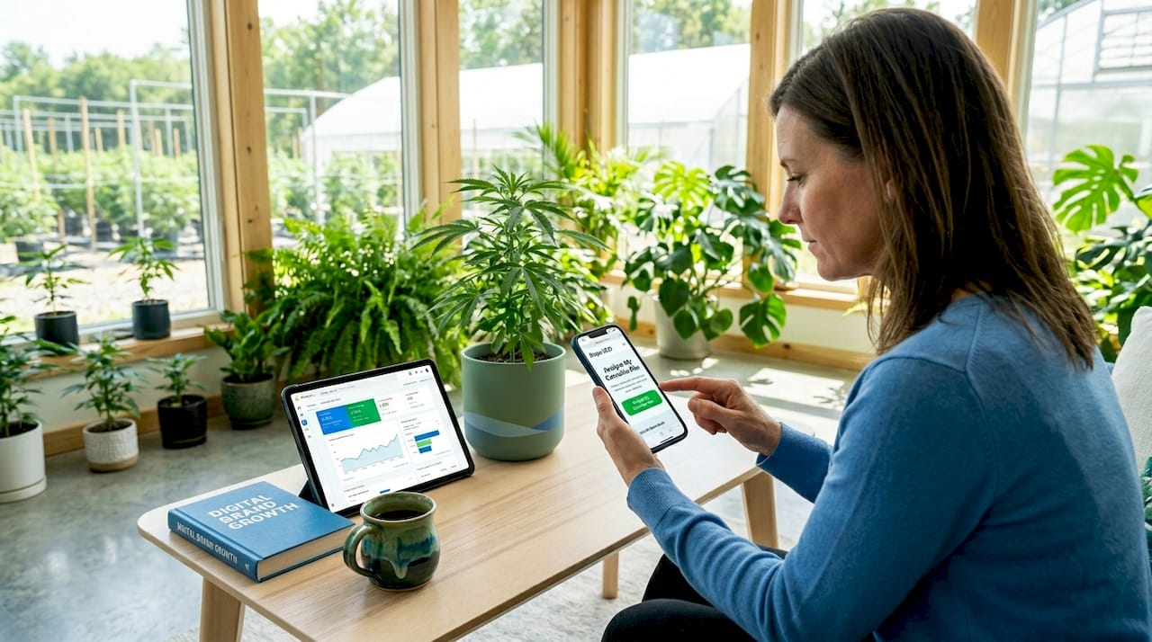 Manager checking hemp site on mobile device