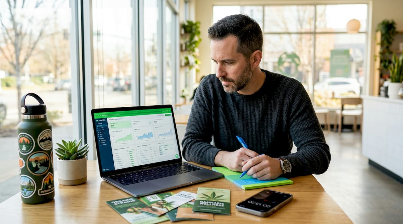 Man analyzing cannabis SEO metrics in coworking space