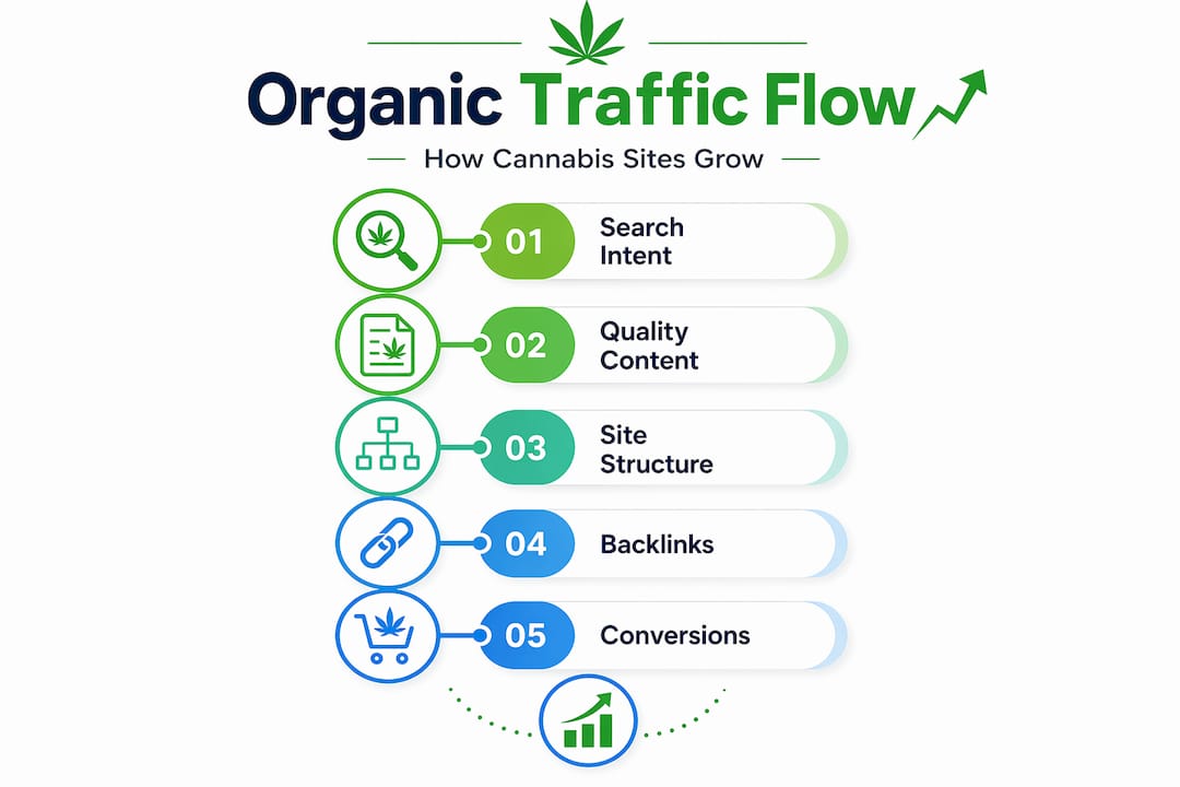 Vertical flow chart showing organic cannabis site growth steps