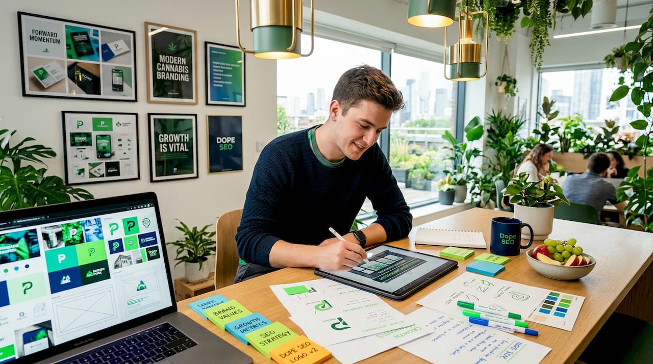 Designer reviewing branding sketches for online store