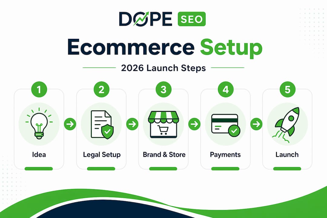 Infographic showing ecommerce setup steps from idea to launch
