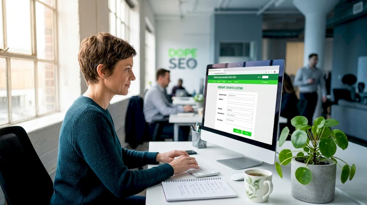 Businesswoman entering citation details on computer