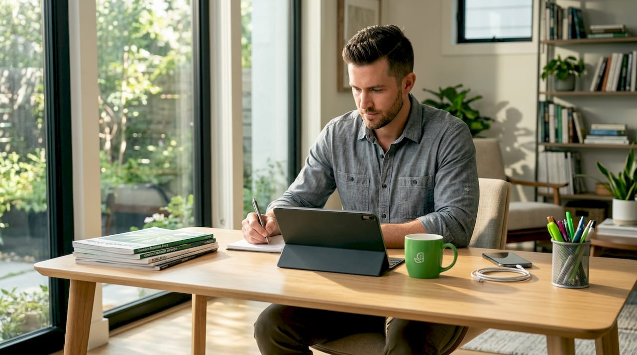 Man researching cannabis links at kitchen table