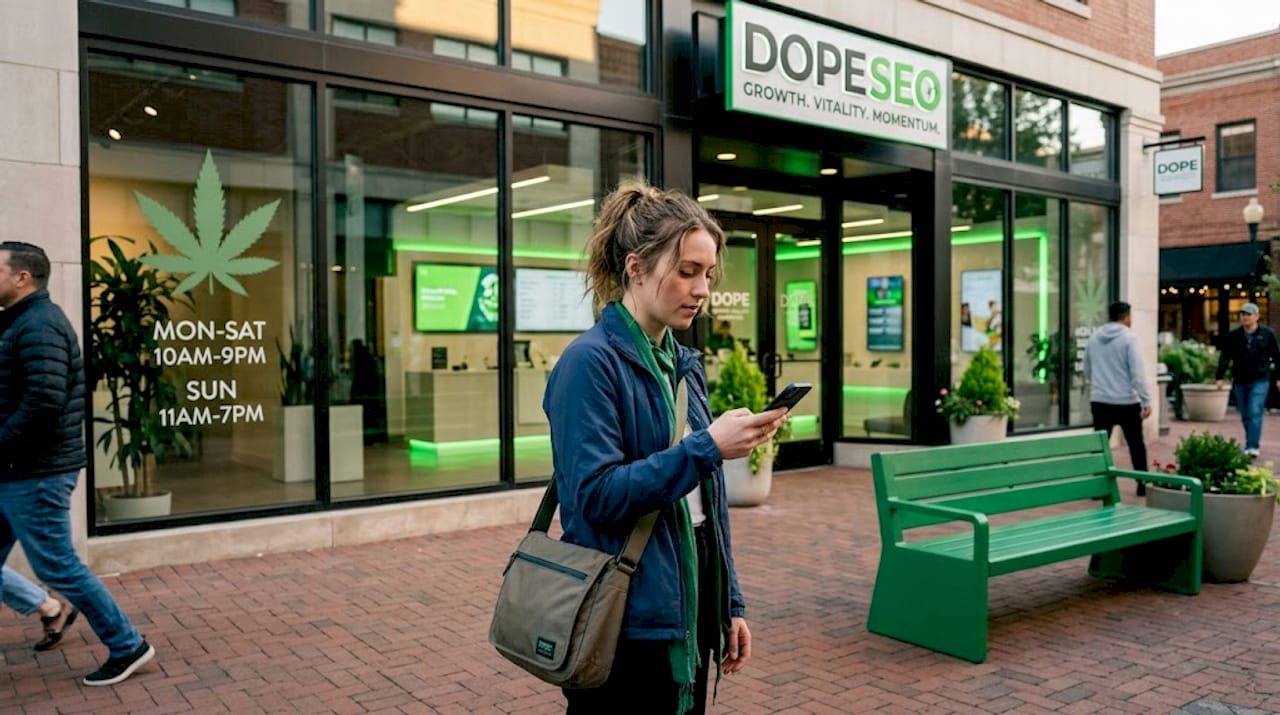 Person checking phone outside dispensary storefront