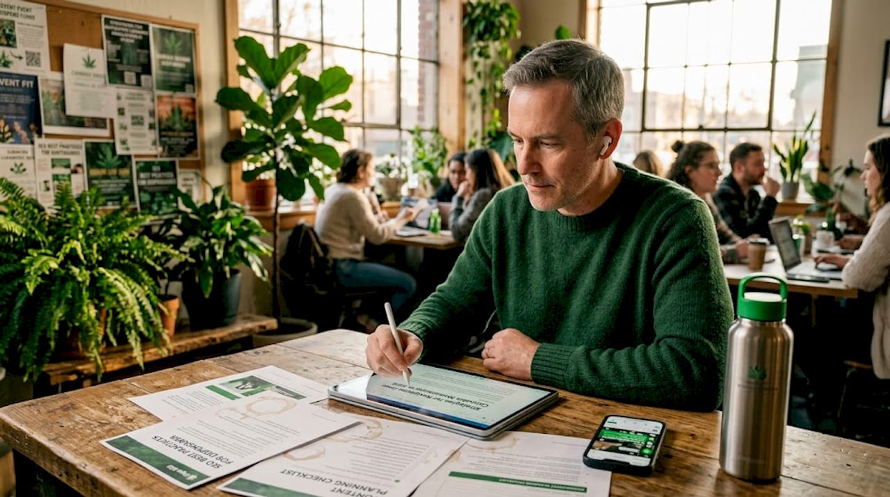 Man drafting cannabis blog post in shared workspace